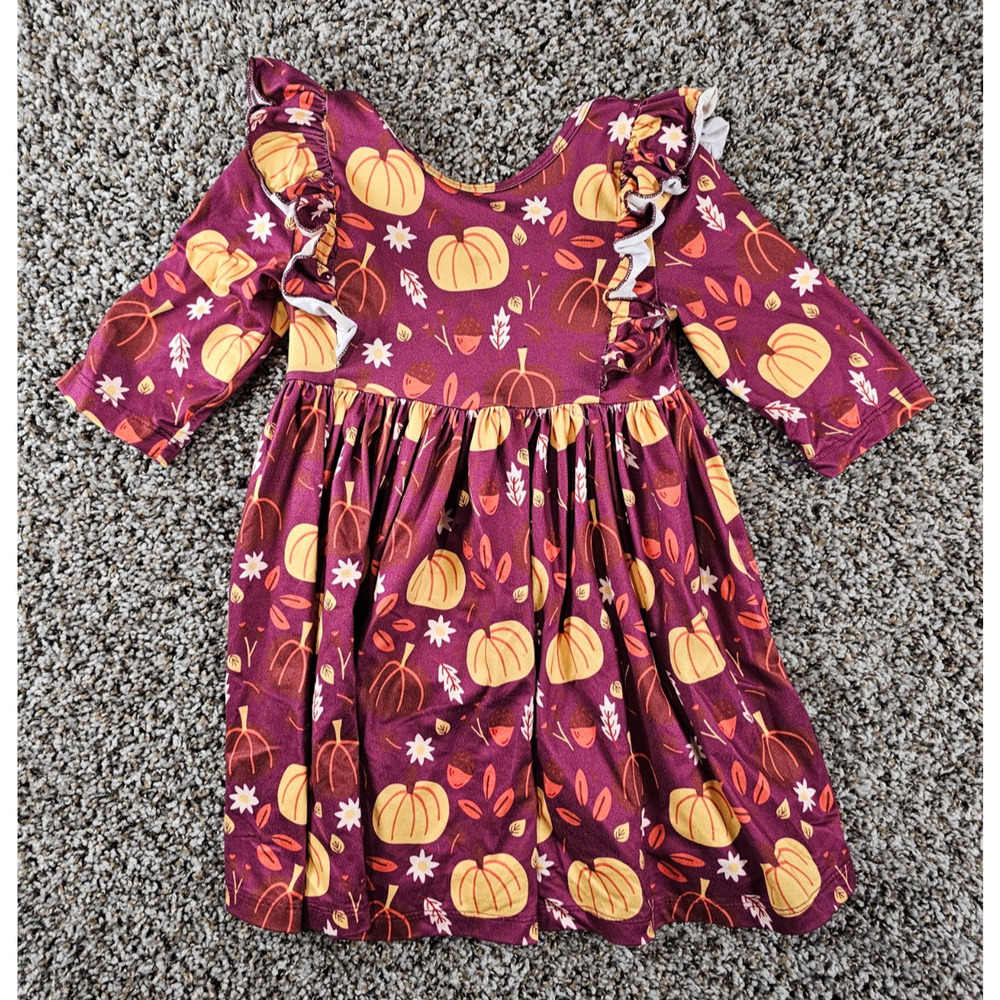 Mila & Rose Sz 3T Pumpkin Patch 3/4 Sleeve Ruffle Twirl Dress floral Pumpkin